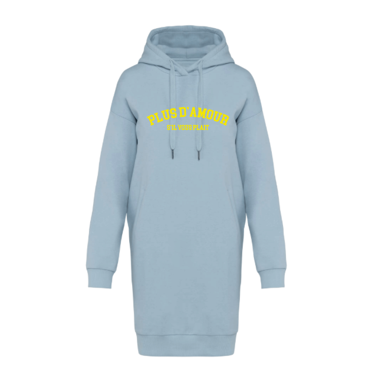 Sudadera con capucha estilo vestido azul de algodón orgánico con mensaje Plus d'amour s'il vous plait en terciopelo amarillo flúor Hilma Studio