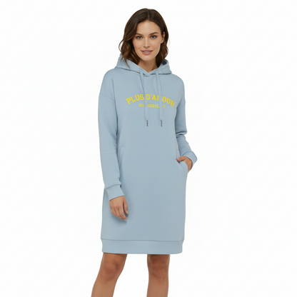 Sudadera con capucha estilo vestido azul de algodón orgánico con mensaje Plus d'amour s'il vous plait en terciopelo amarillo flúor Hilma Studio