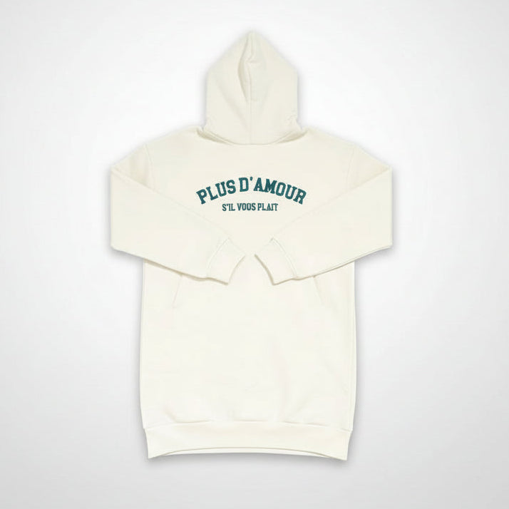 Sudadera con capucha estilo vestido crema de algodón orgánico con mensaje Plus d'amour s'il vous plait en terciopelo verde-azulado Hilma Studio