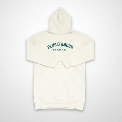 Sudadera con capucha estilo vestido crema de algodón orgánico con mensaje Plus d'amour s'il vous plait en terciopelo verde-azulado Hilma Studio