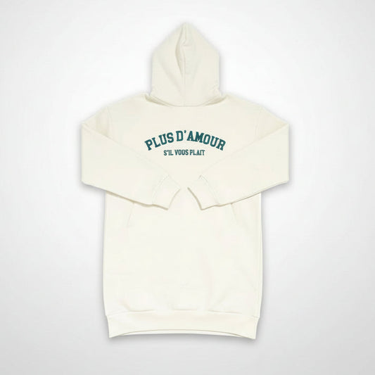 Sudadera con capucha estilo vestido crema de algodón orgánico con mensaje Plus d'amour s'il vous plait en terciopelo verde-azulado Hilma Studio